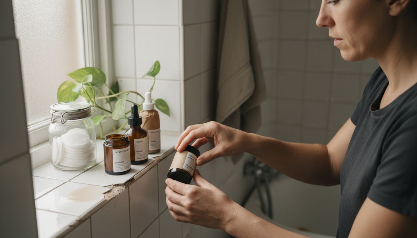 Op de badkamerplank staan verschillende vegan huidverzorgingsproducten keurig op een rijtje.