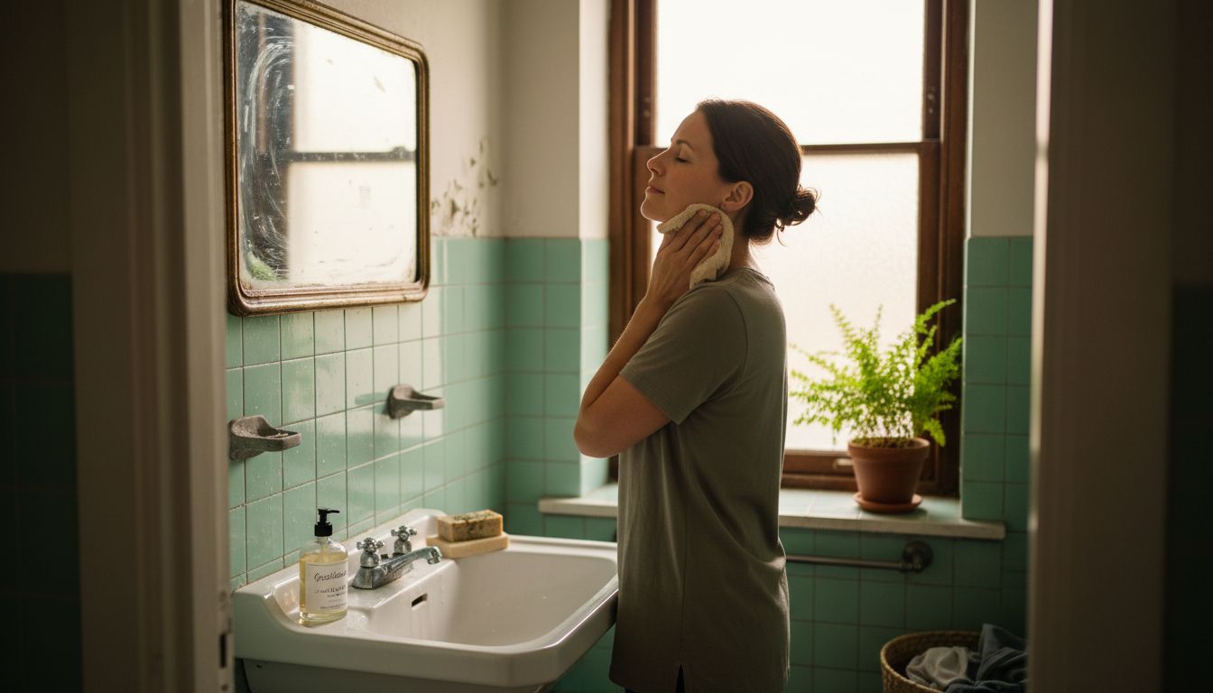 Een vrouw verzorgt haar huid op een natuurlijke manier tijdens haar ochtendroutine in de badkamer.