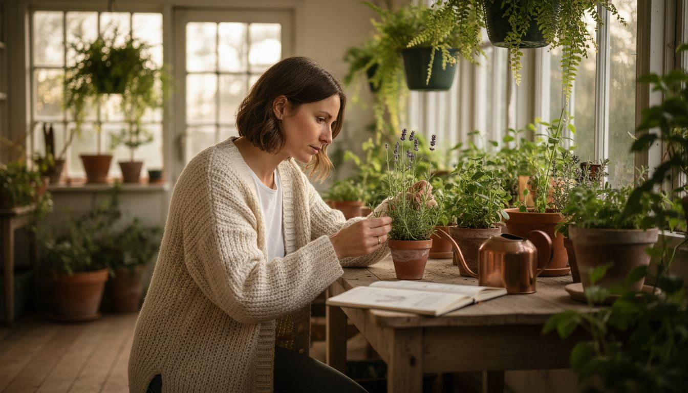 Een vrouw geeft met zorg haar medicinale kruiden water en aandacht in de kas. Een vrouw geeft met zorg haar medicinale kruiden water en aandacht in de kas.