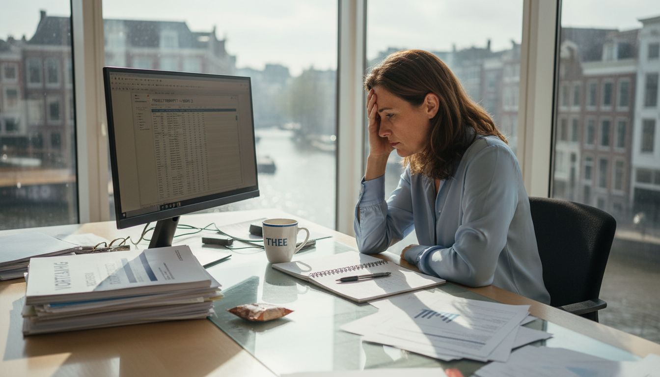 Gestreste vrouw zit achter haar bureau op kantoor