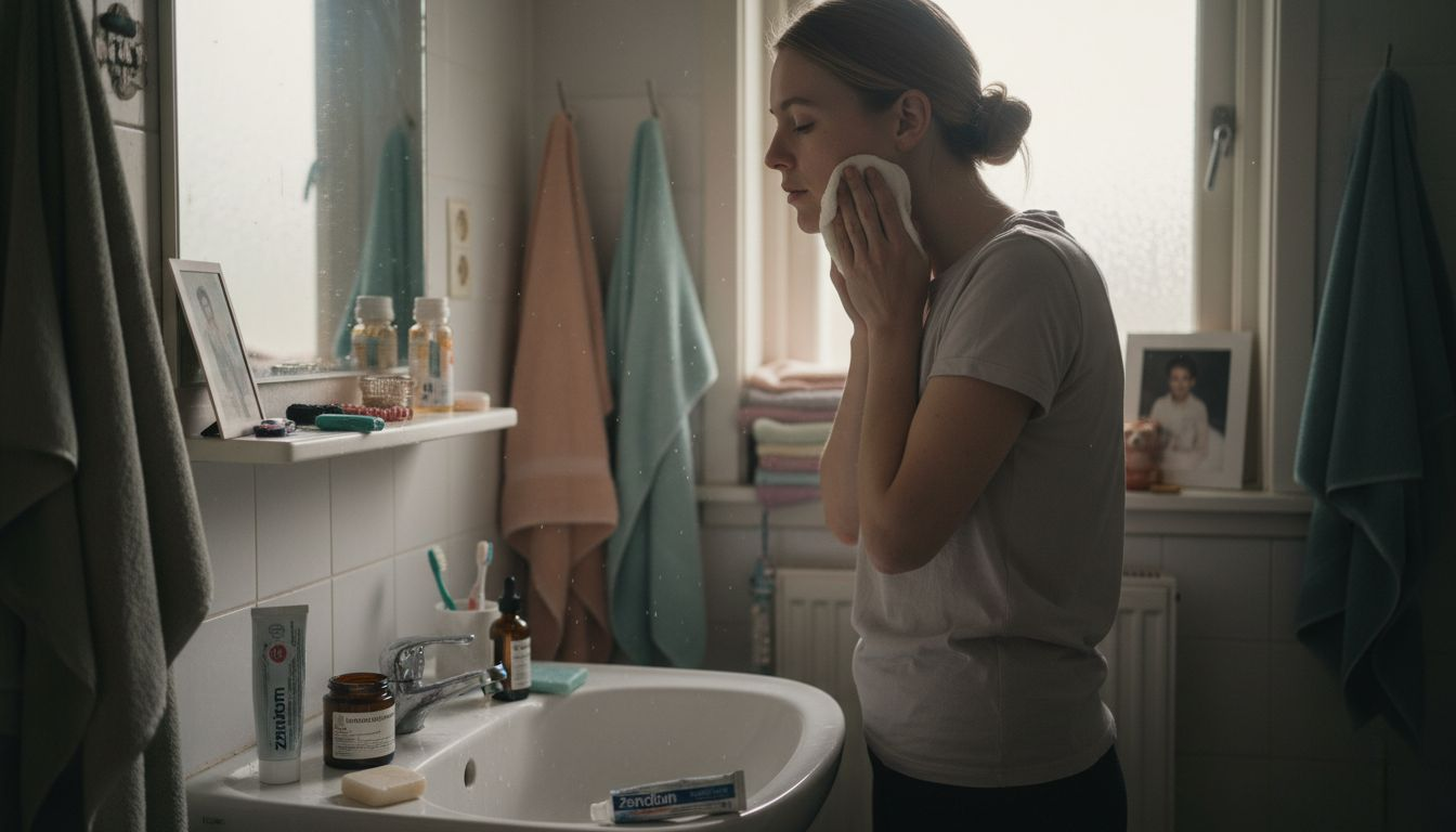 Een vrouw is bezig haar gezicht schoon te maken in de badkamer.