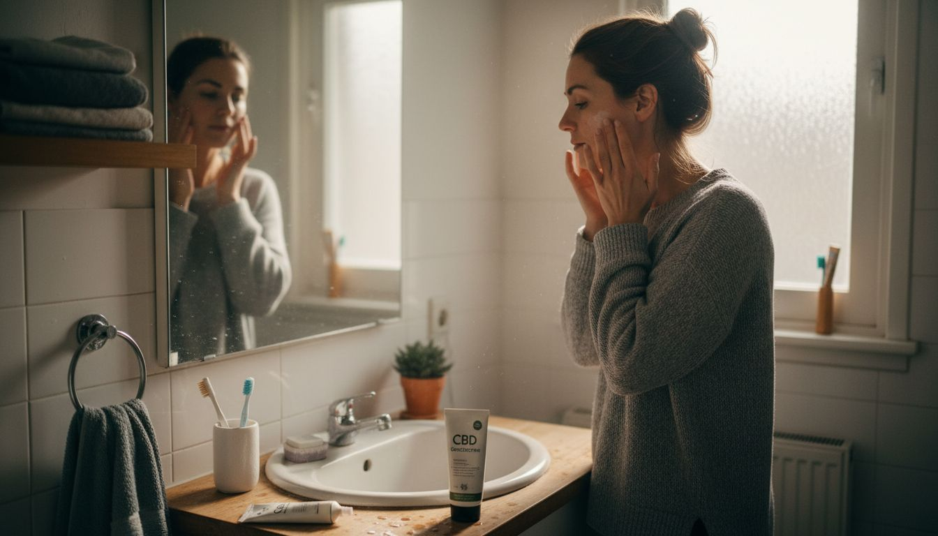 Een vrouw smeert CBD-crème op haar huid terwijl ze in de badkamer thuis staat.