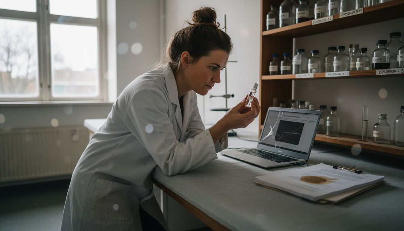 Een laborant inspecteert de verpakking van een natuurproduct om te controleren of alles aan de kwaliteitsnormen voldoet.