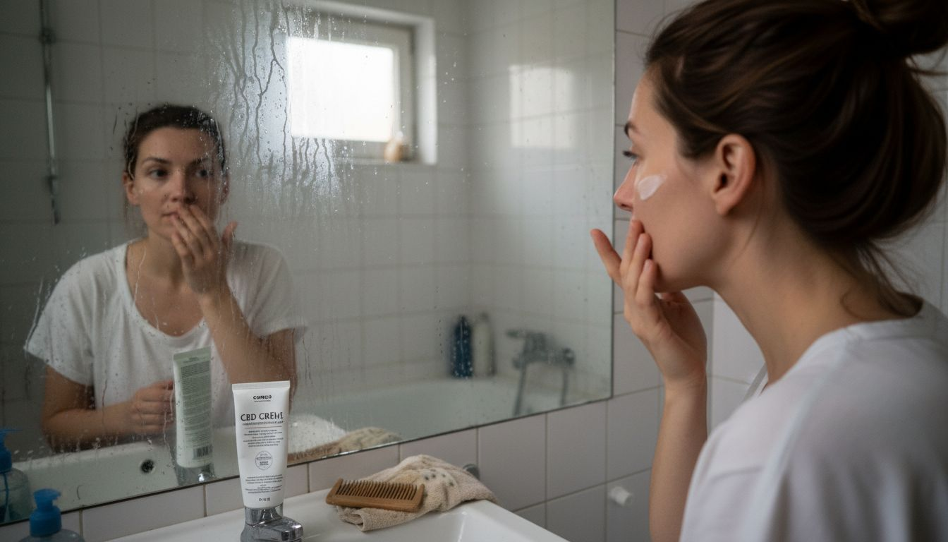 Een vrouw smeert CBD-crème op haar huid in de badkamer.