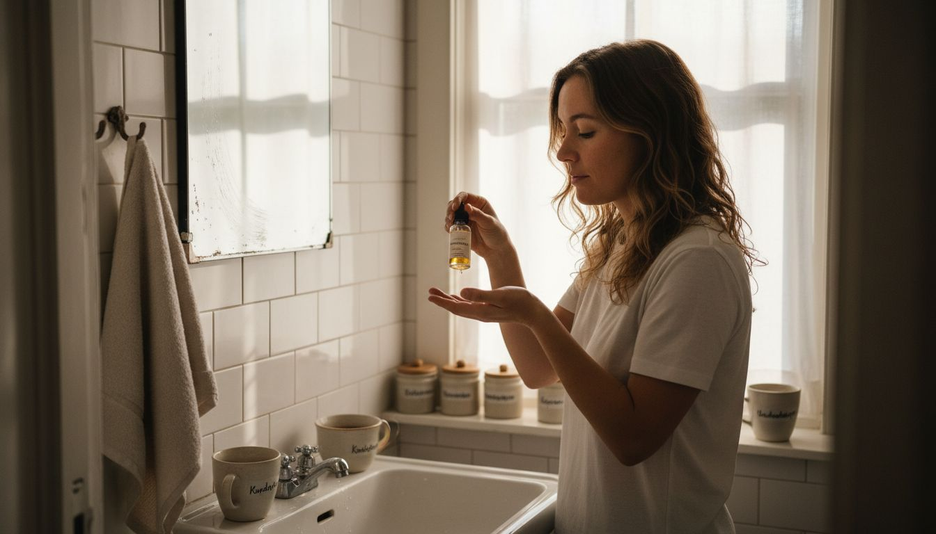 Een vrouw begint haar ochtend fris door in de badkamer gebruik te maken van natuurlijke verzorgingsproducten. Een vrouw begint haar ochtend fris door in de badkamer gebruik te maken van natuurlijke verzorgingsproducten.