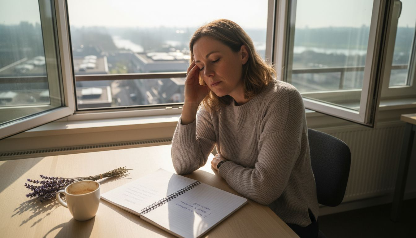Een vrouw komt tot rust aan haar hoekbureau, terwijl het daglicht zacht naar binnen valt.