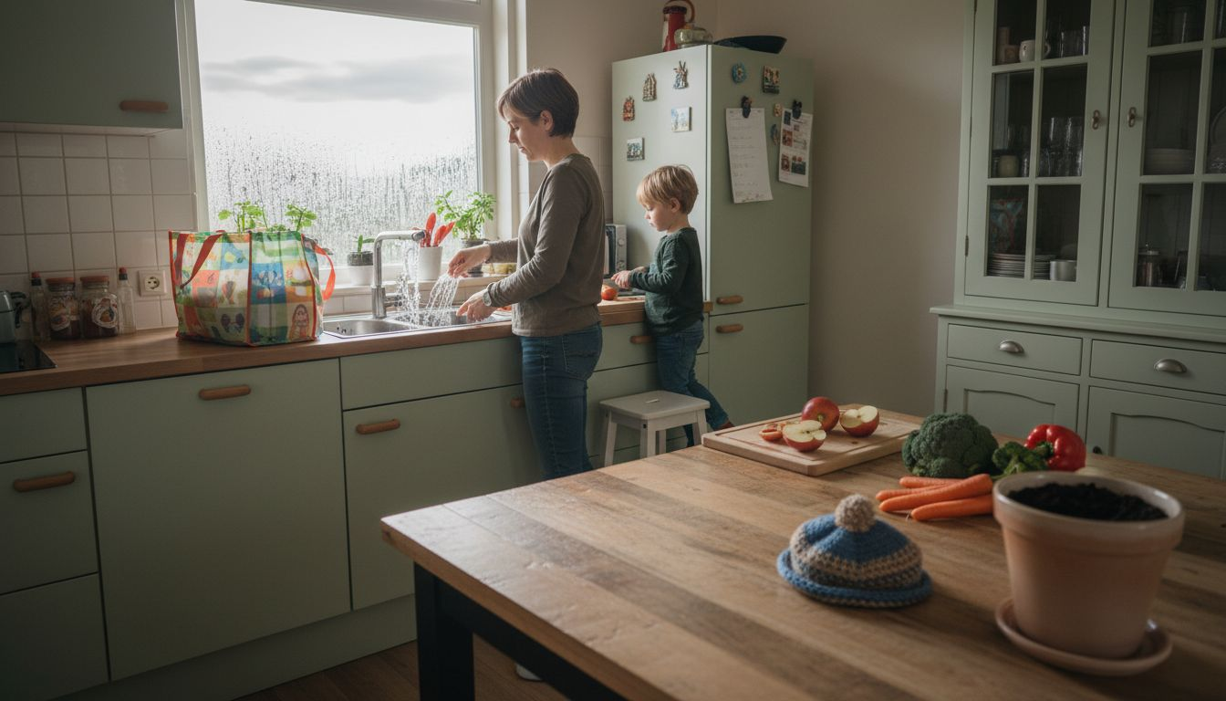 Samen bereiden ze als gezin een verantwoorde maaltijd in de keuken.