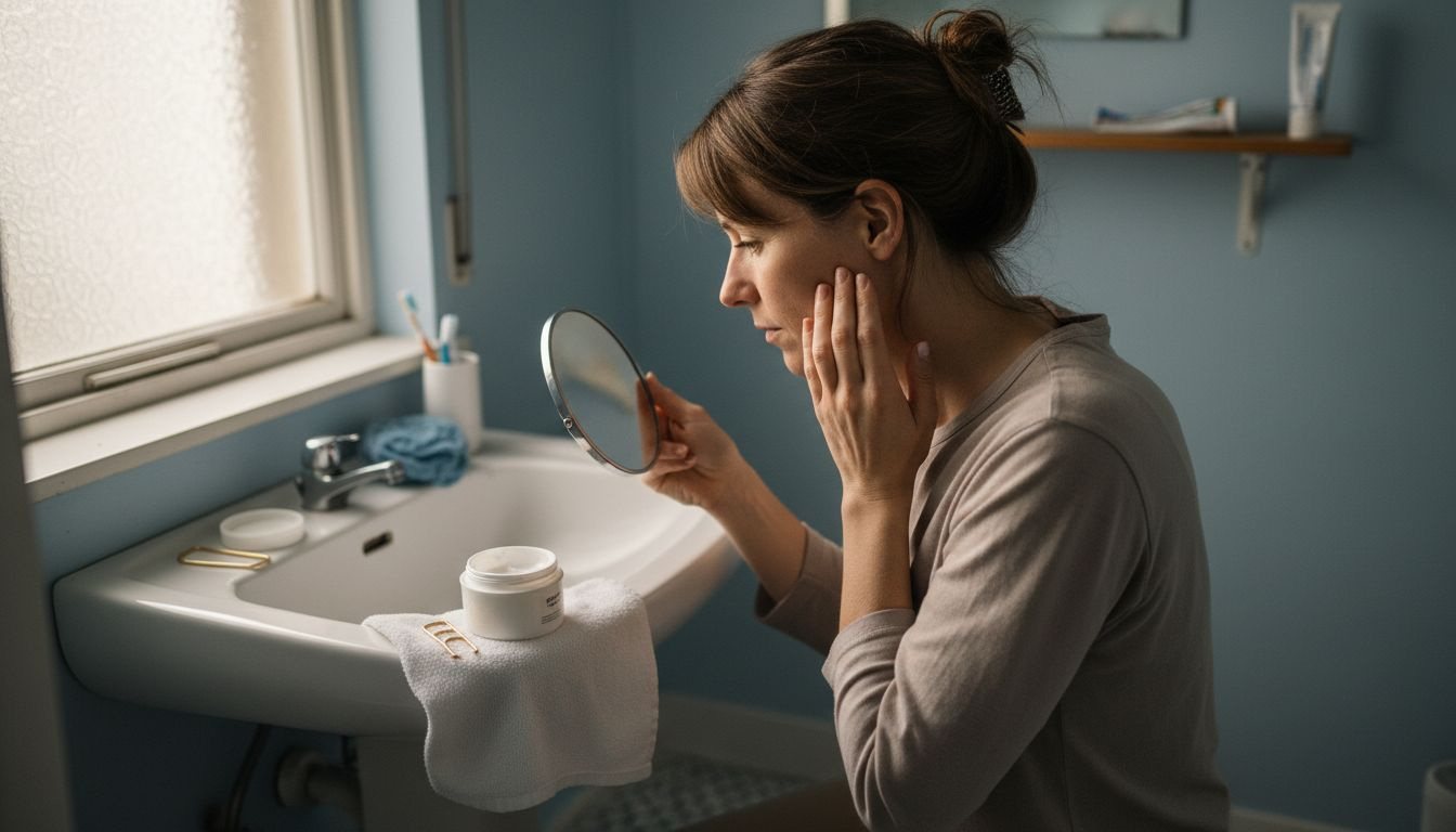 Een vrouw bekijkt haar droge huid in de badkamer.