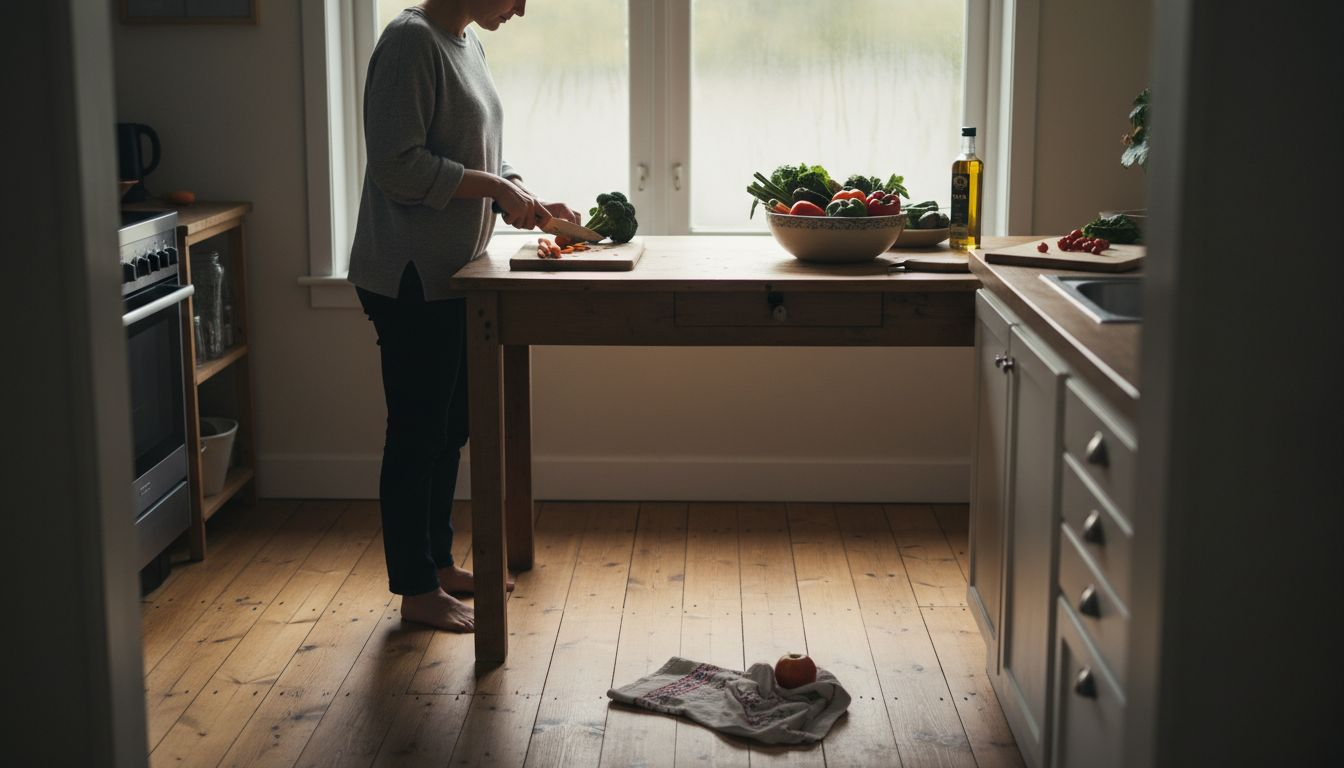 In een zonnige keuken staat een vrouw groenten te snijden.