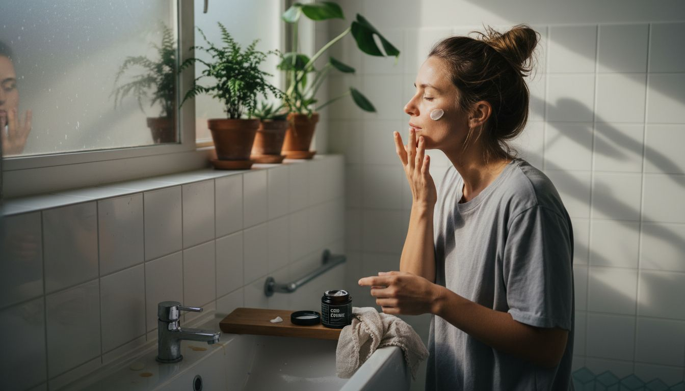 Een vrouw smeert CBD-crème op haar huid terwijl het zonlicht de badkamer binnenvalt.