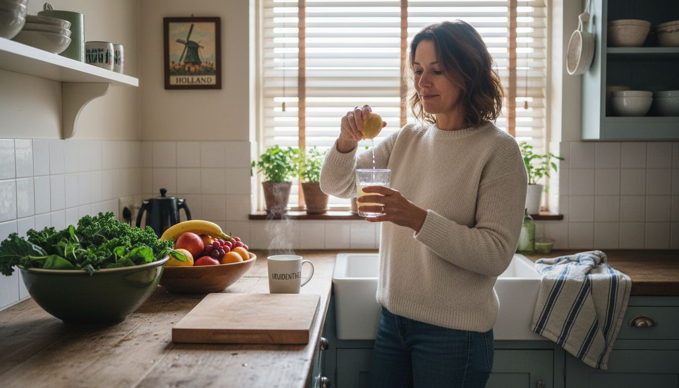Een vrouw staat in haar zonnige keuken en maakt een kan water met verse citroen klaar. Een vrouw staat in haar zonnige keuken en maakt een kan water met verse citroen klaar.
