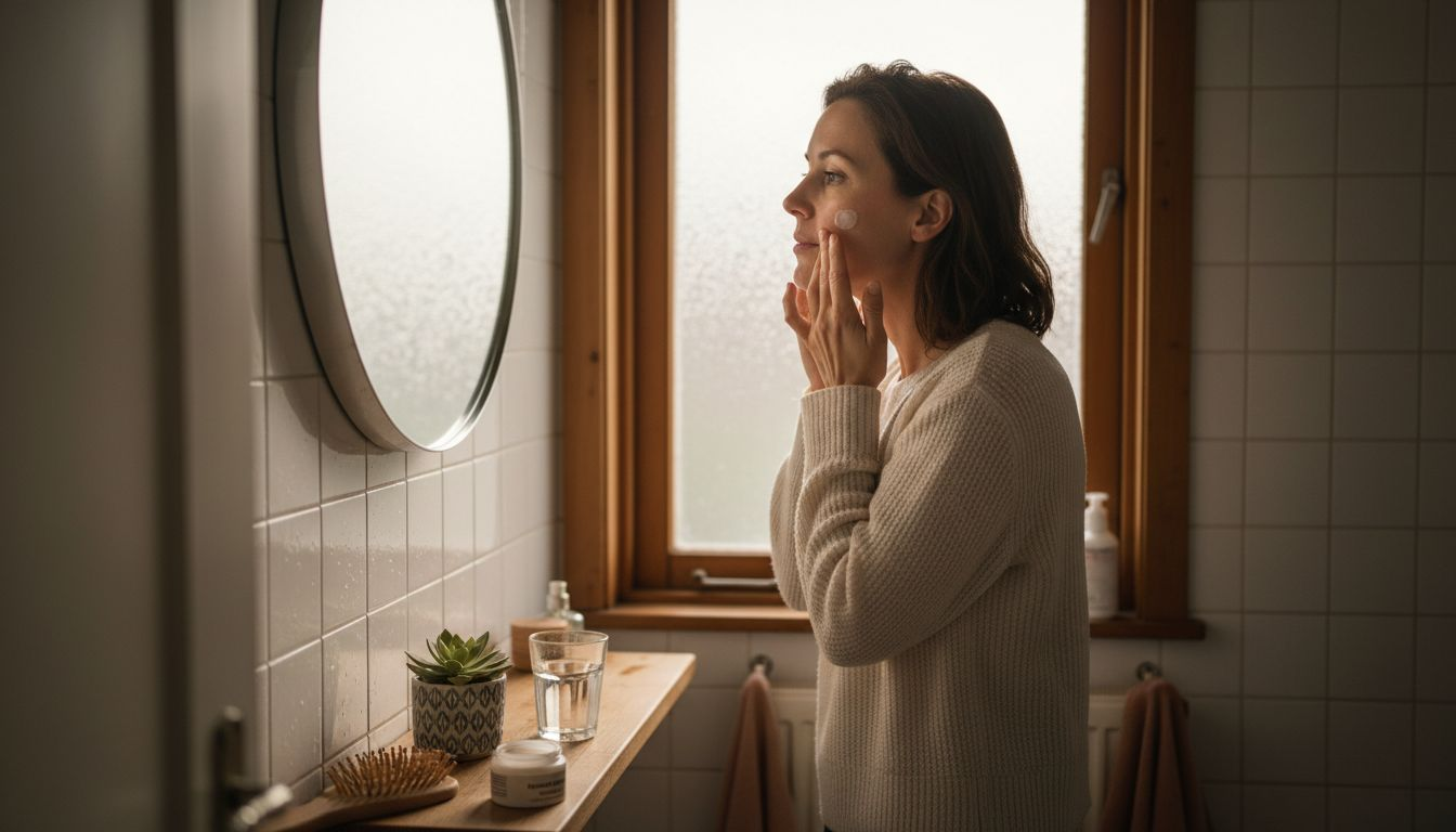 Een vrouw brengt in haar knusse winterbadkamer verzorgende crème aan op haar gezicht.