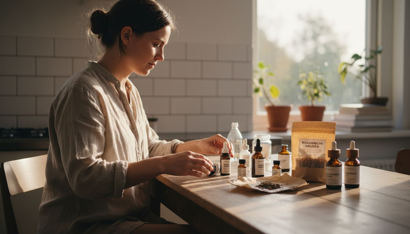 Een vrouw bekijkt en ordent haar collectie biologische huidverzorging.