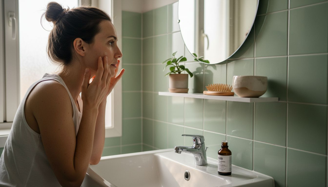 Een vrouw smeert CBD-gezichtsolie op haar huid terwijl ze voor de spiegel in de badkamer staat.