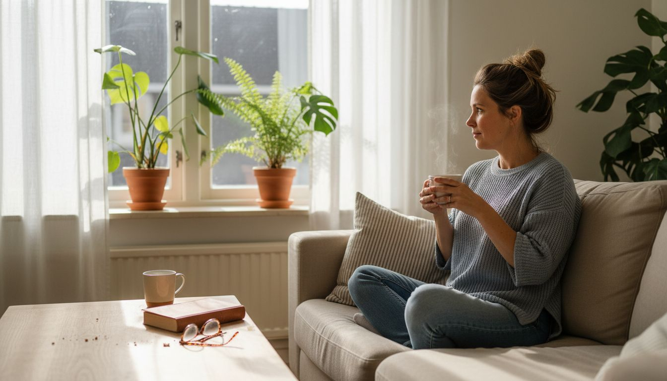 In een zonnige woonkamer geniet een vrouw rustig van haar kopje thee.