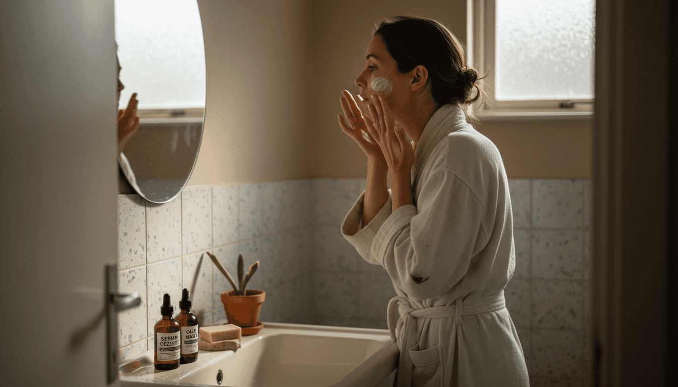 Een vrouw brengt CBD-gezichtscrème aan in haar eigen badkamer thuis.