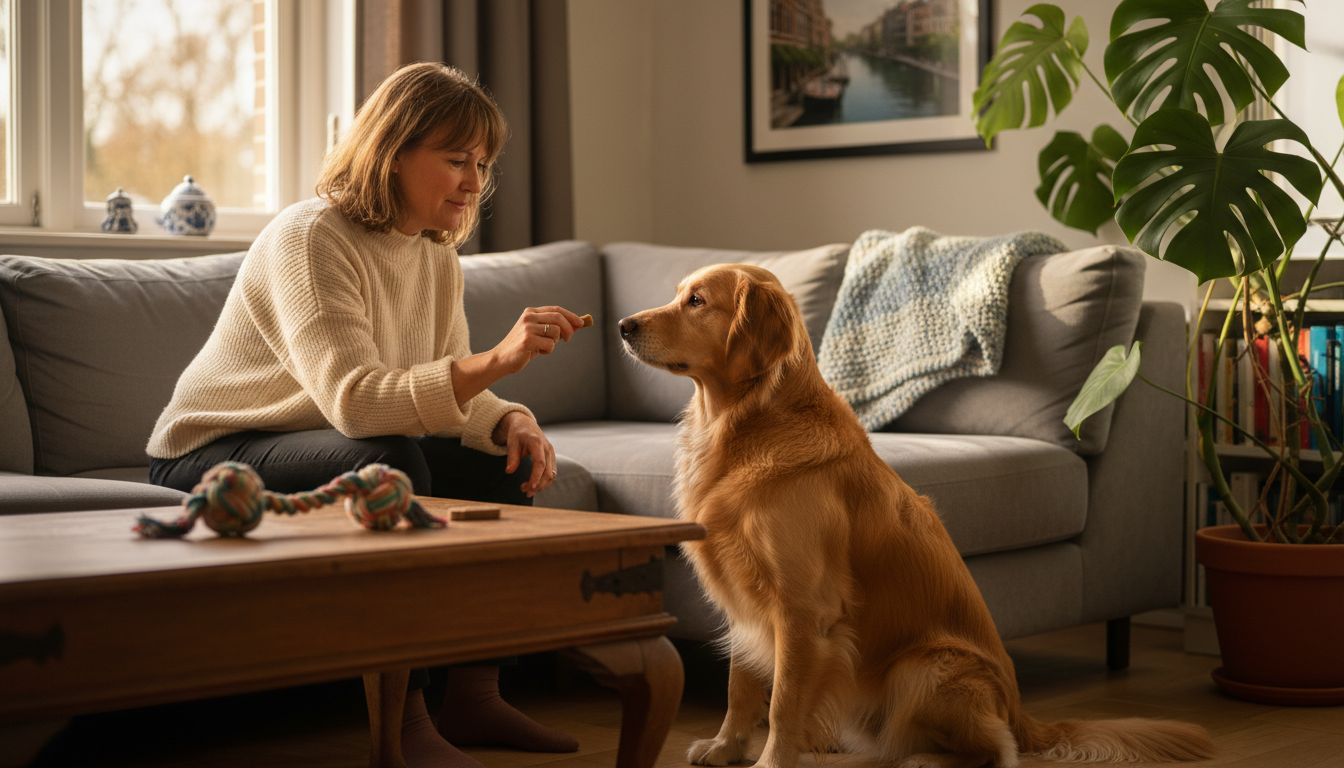 Een vrouw geeft haar golden retriever thuis een voedingssupplement.