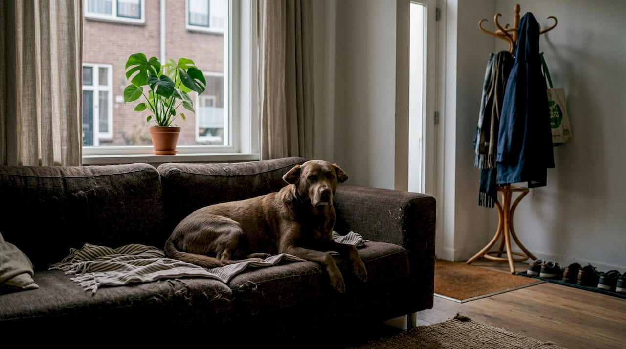 Een bange hond in een typische Nederlandse huiskamer