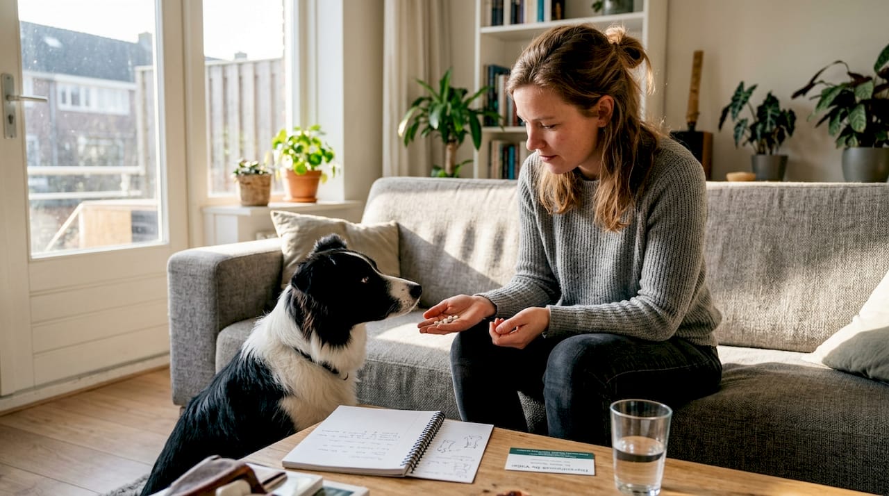 Een baasje geeft zijn hond een homeopathisch middel.