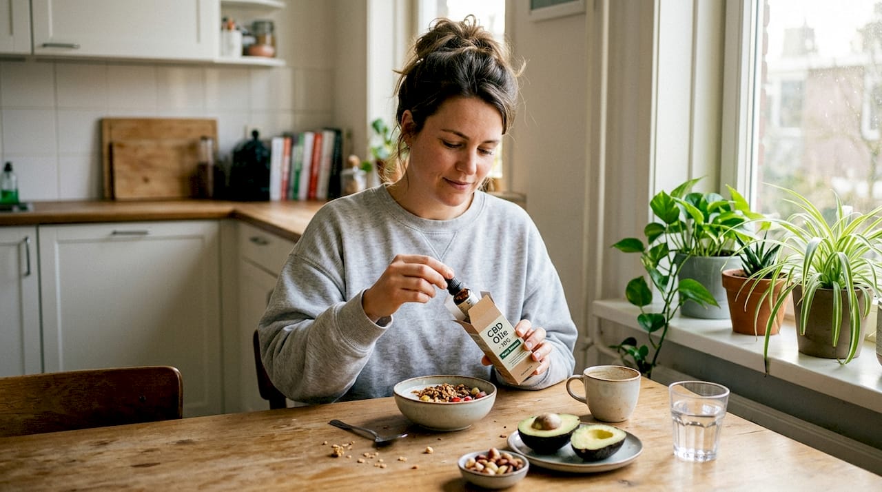 Vrouw voegt CBD-olie toe aan haar ontbijt