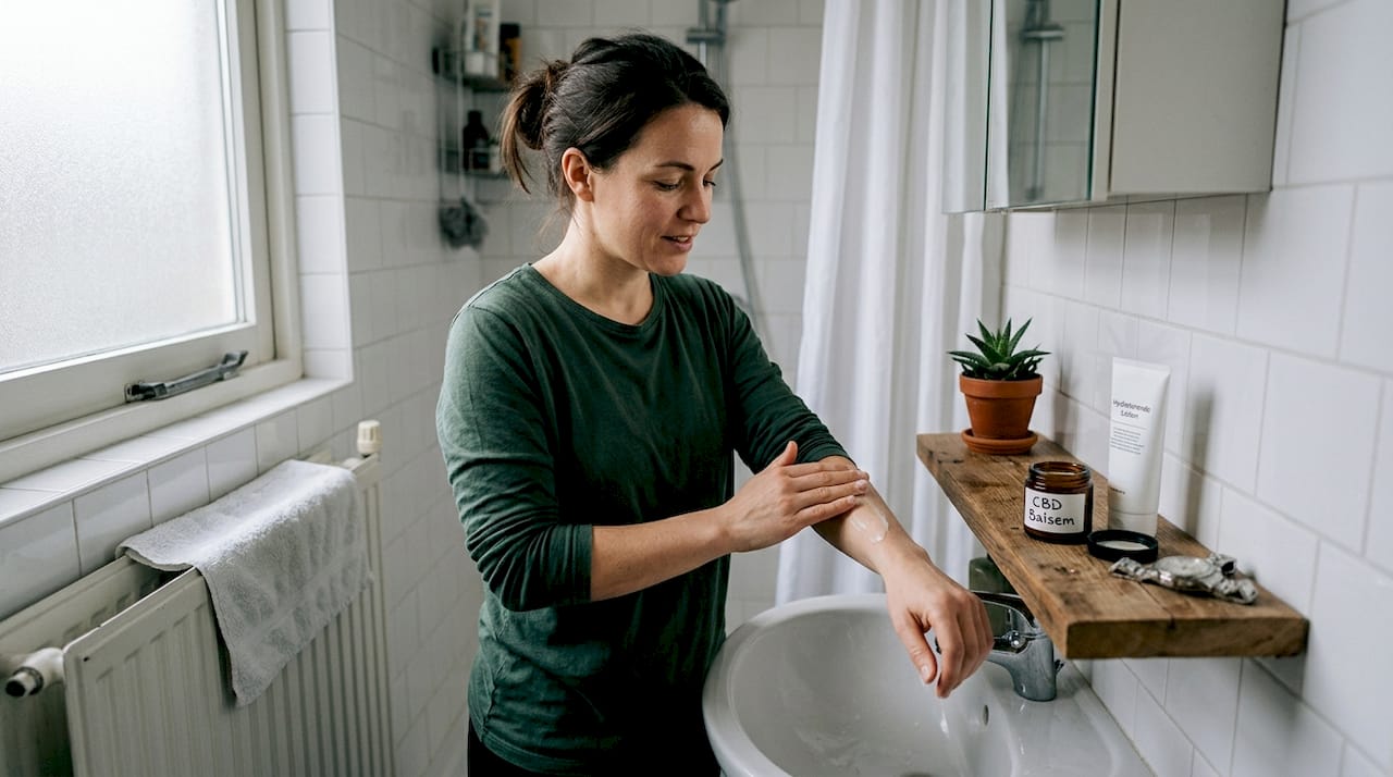 Een vrouw brengt CBD-lotion aan in een lichte, frisse badkamer.