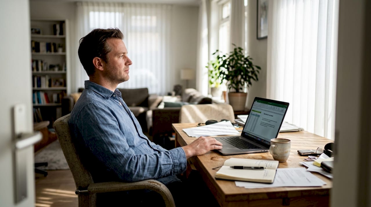 Man werkt thuis aan zijn bureau en neemt even pauze om op adem te komen. Man werkt thuis aan zijn bureau en neemt even pauze om op adem te komen.