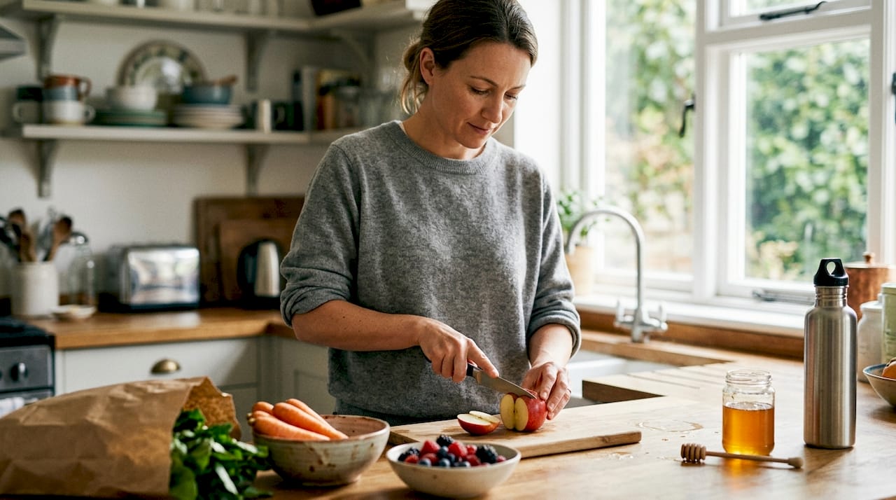 In haar keuken maakt een vrouw zelf gezonde producten met natuurlijke ingrediënten.
