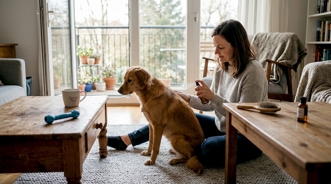 De eigenaar behandelt zijn hond met een natuurlijke vlooienspray.