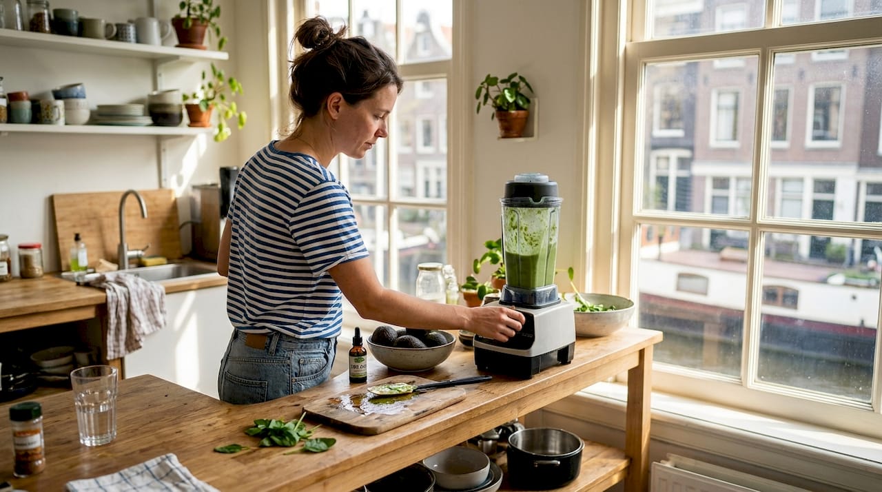 Een vrouw staat in de keuken en maakt een smoothie klaar met CBD.