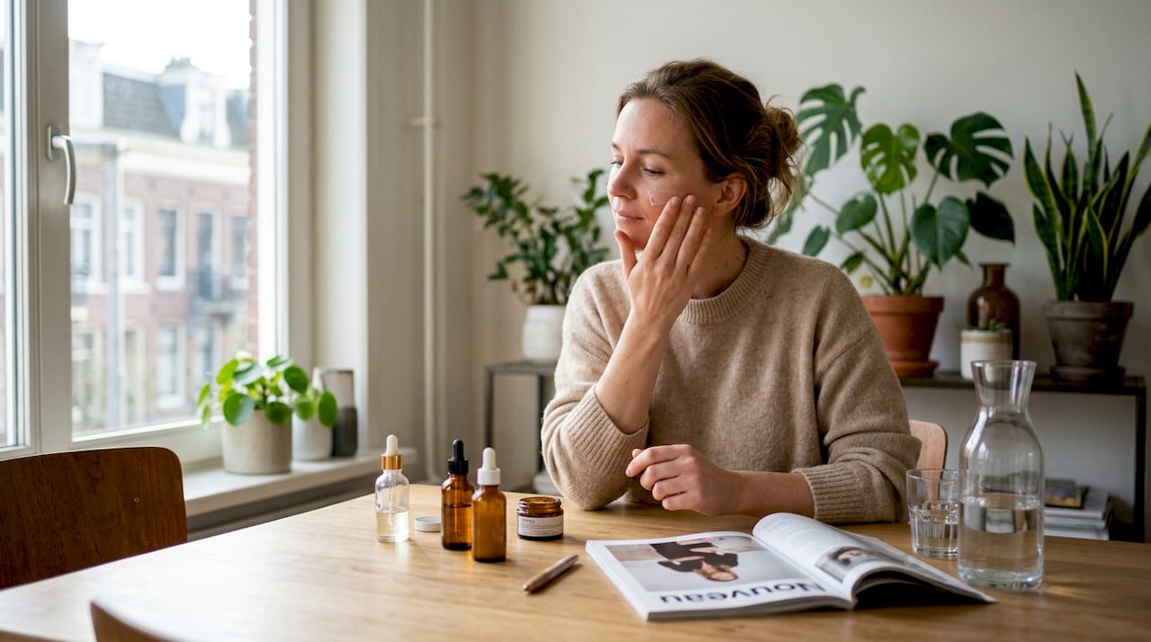 Een vrouw smeert CBD-crème op haar gezicht.