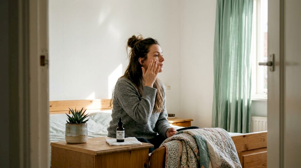 Thuis smeert een vrouw CBD-crème op haar huid.
