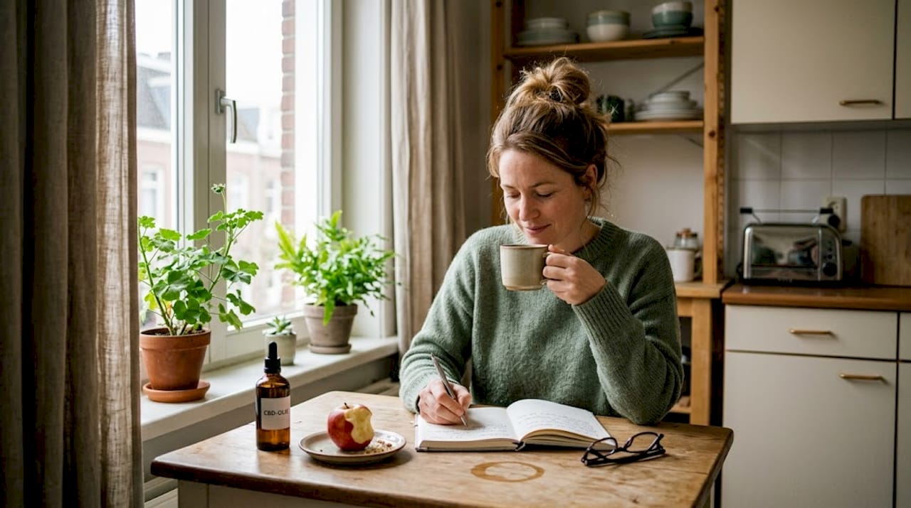 Vrouw begint haar dag gezond met een kop thee en een paar druppels CBD-olie