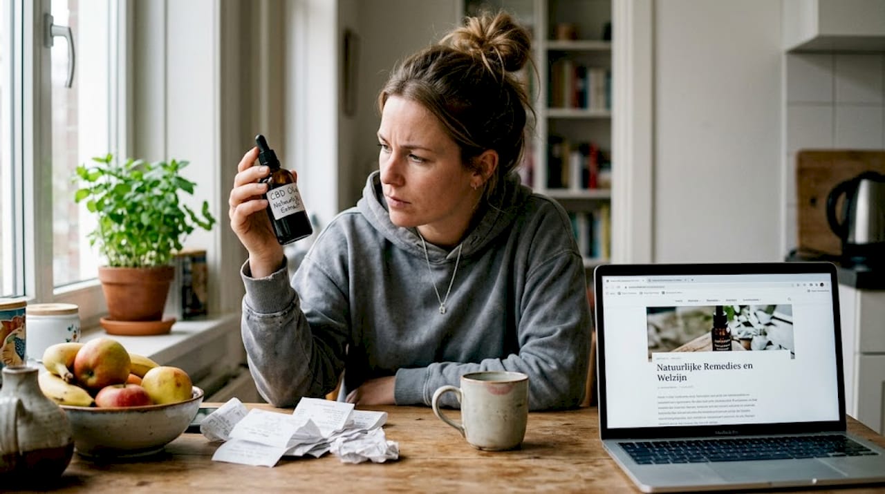 Vrouw verdiept zich aan de keukentafel in CBD-olie