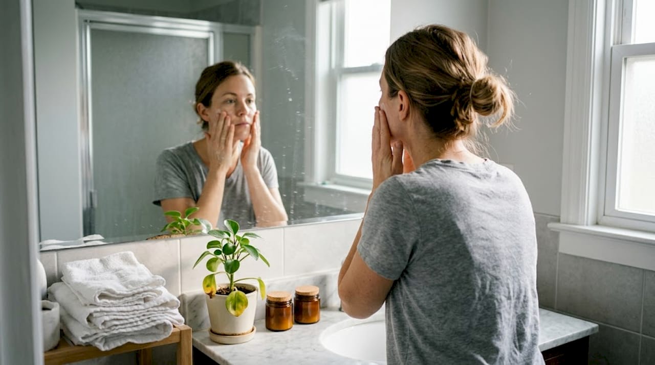 In de badkamer smeert een vrouw een dierproefvrije crème op haar gezicht.