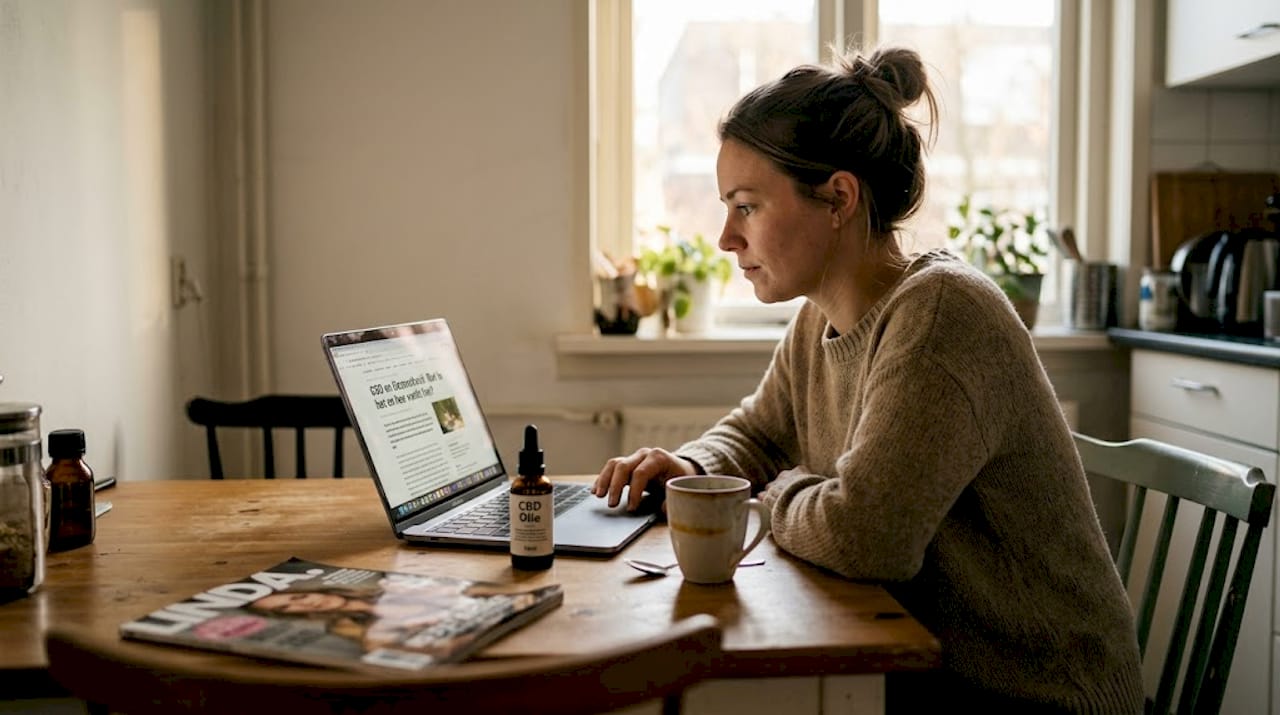 Een vrouw verdiept zich online in informatie over CBD.