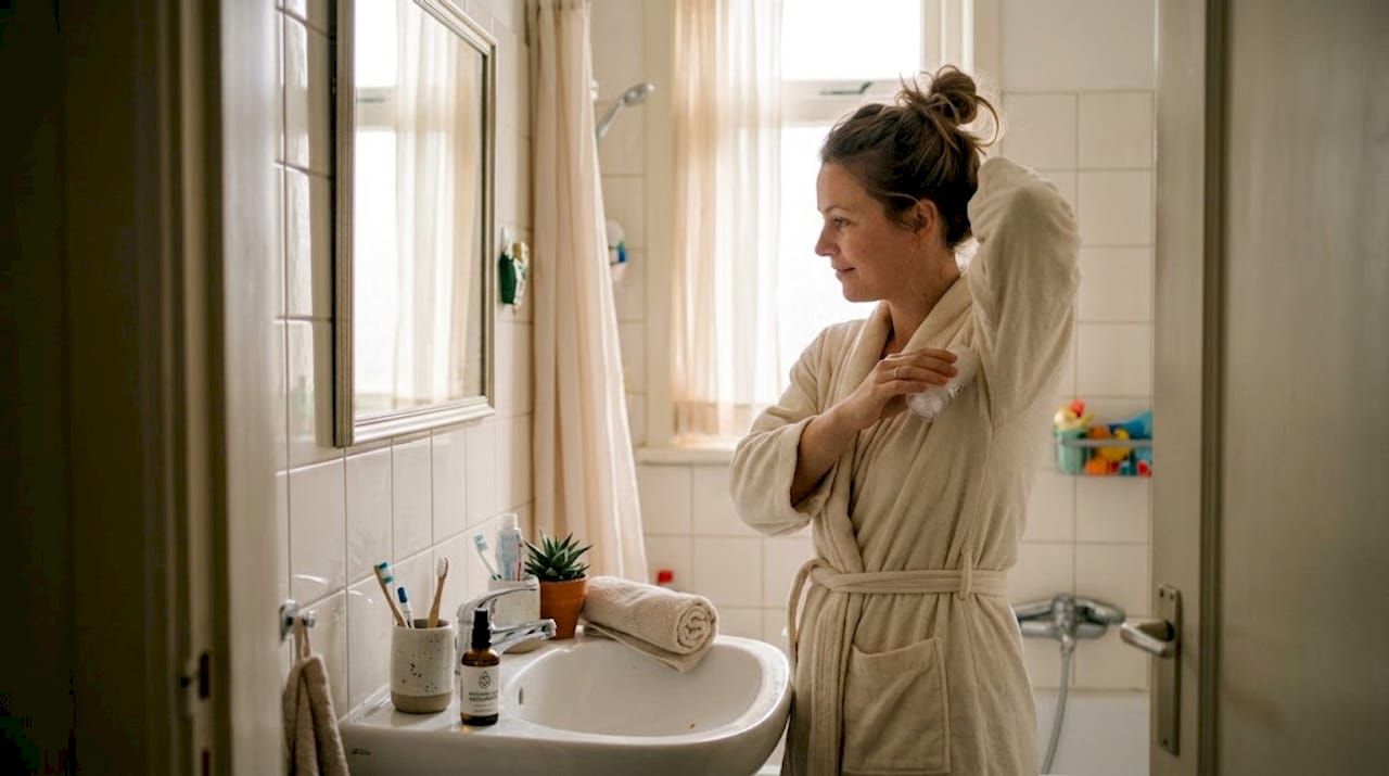 Een vrouw gebruikt deodorant terwijl ze bij de wastafel in de badkamer staat.