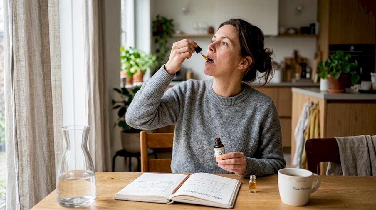 In de keuken neemt een vrouw een paar druppels CBD-olie in.