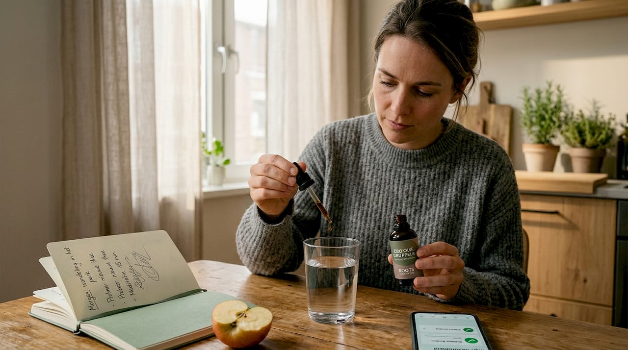 Vrouw die CBD-olie gebruikt als vast onderdeel van haar dagelijkse routine