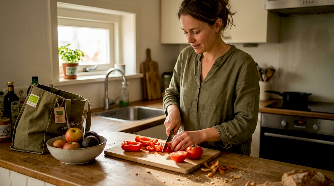 Een vrouw staat in haar gezellige keuken en maakt een maaltijd klaar met verse, biologische groenten.