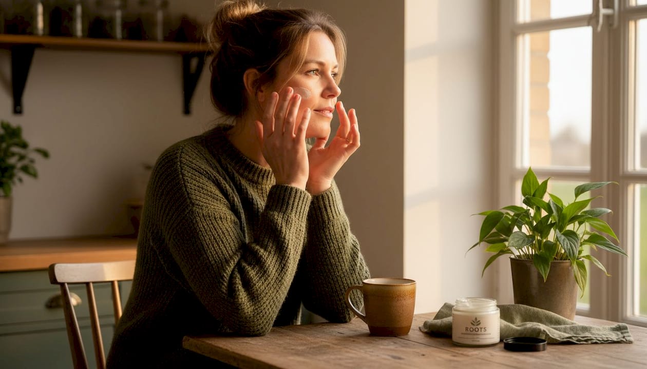 Een vrouw smeert CBD-crème op haar huid terwijl ze in de keuken staat.