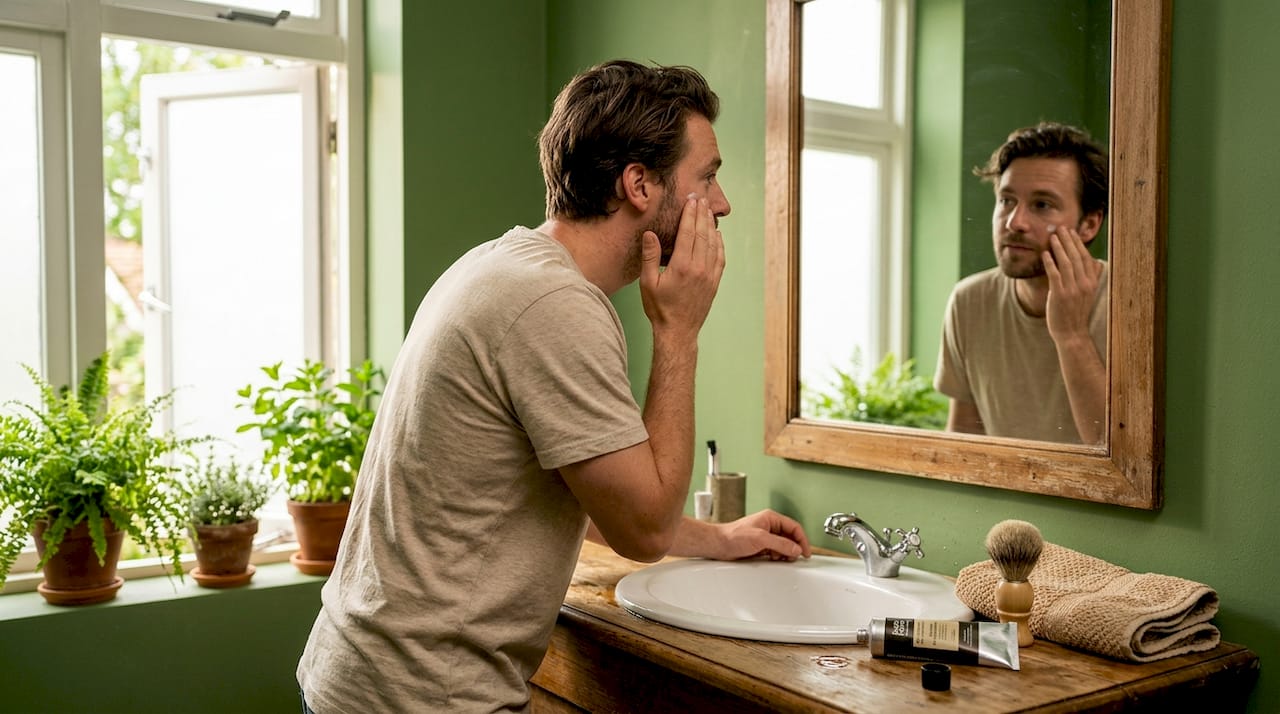 Een man brengt ’s ochtends CBD-crème aan als onderdeel van zijn dagelijkse huidverzorging.