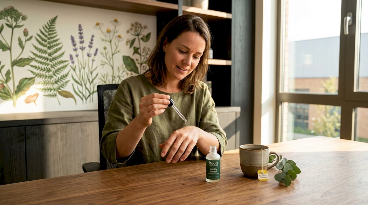 De consulent brengt een paar druppels serum aan op de hand.