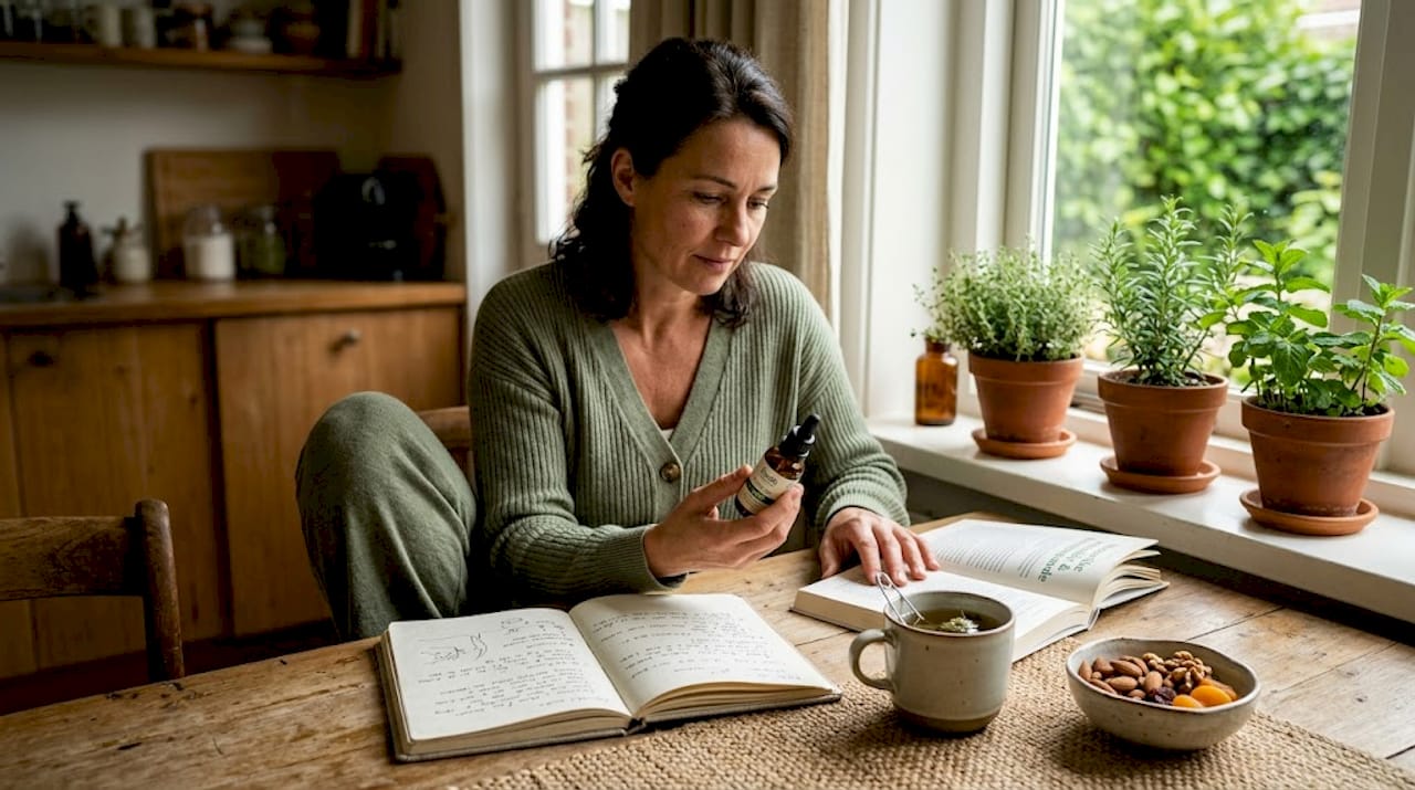 Een vrouw bekijkt aandachtig een flesje CBD in haar keuken.