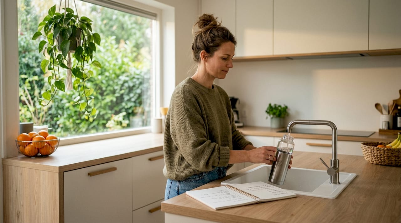 Een vrouw vult haar drinkfles bij in een milieuvriendelijke keuken. Een vrouw vult haar drinkfles bij in een milieuvriendelijke keuken.
