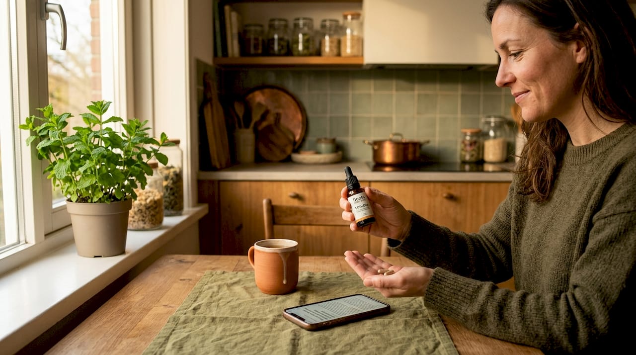 Aan de keukentafel bekijkt een vrouw de verschillen tussen CBD olie en capsules. Aan de keukentafel bekijkt een vrouw de verschillen tussen CBD olie en capsules.