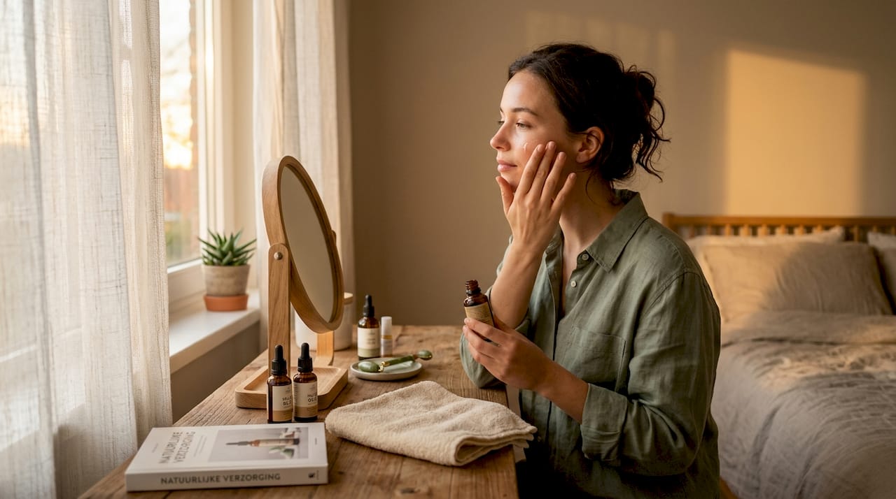 Een vrouw smeert CBD-serum op haar gezicht.