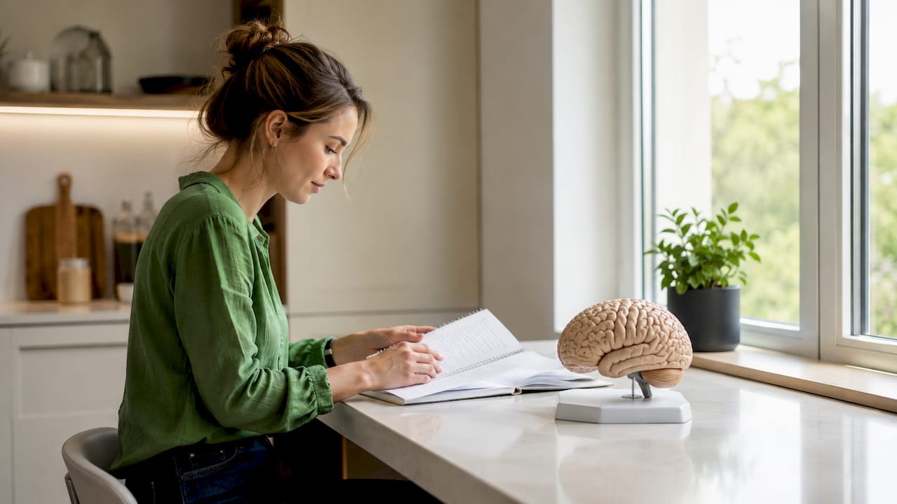 Thuis verdiept een neurowetenschapper zich in een breinmodel.