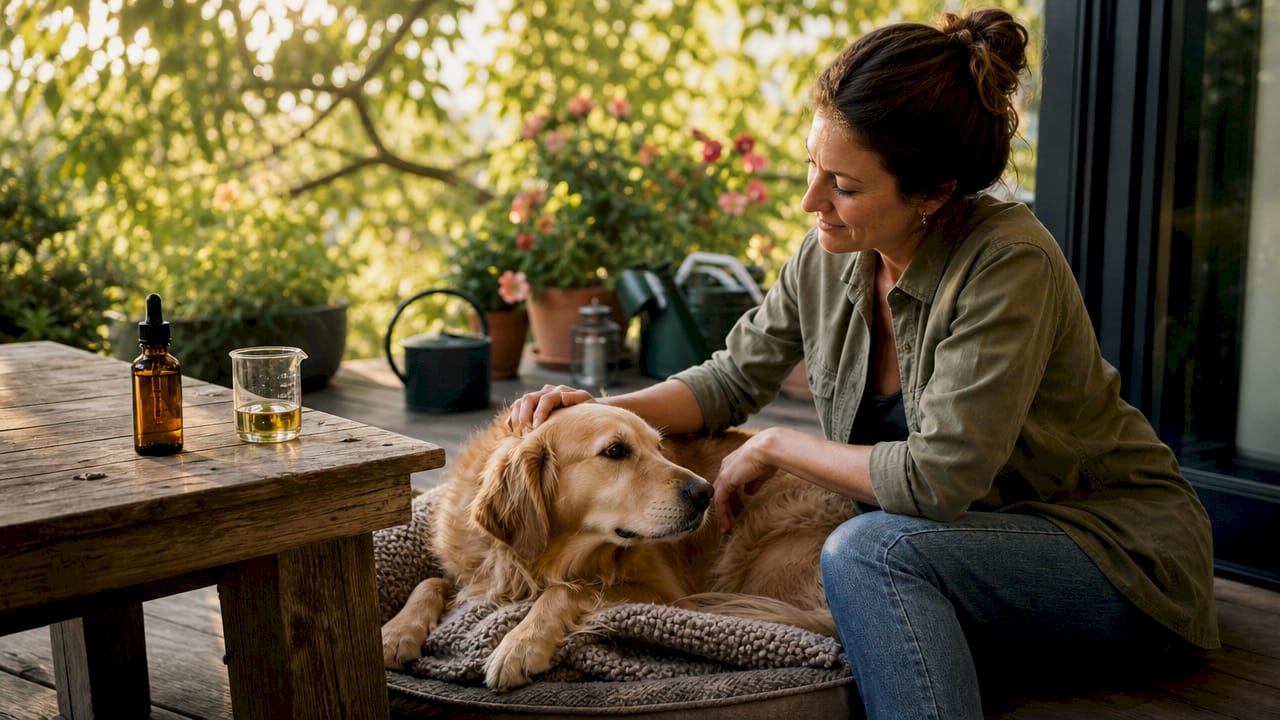 Vrouw helpt haar hond vuurwerkstress te verminderen met CBD