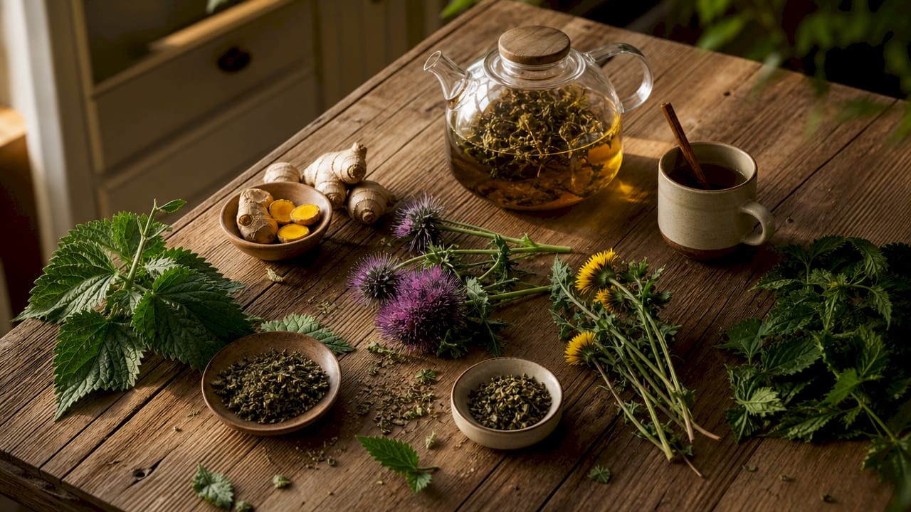Kruiden en thee voor een natuurlijke detox staan klaar op het aanrecht