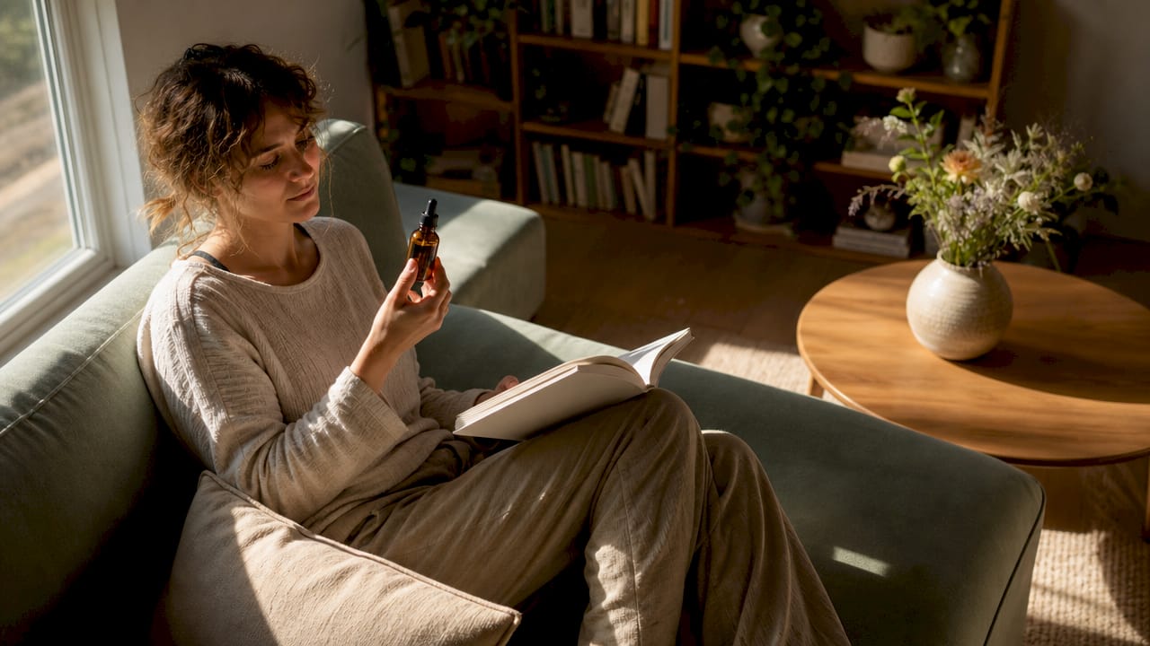 Vrouw met een flesje CBD-olie in haar woonkamer